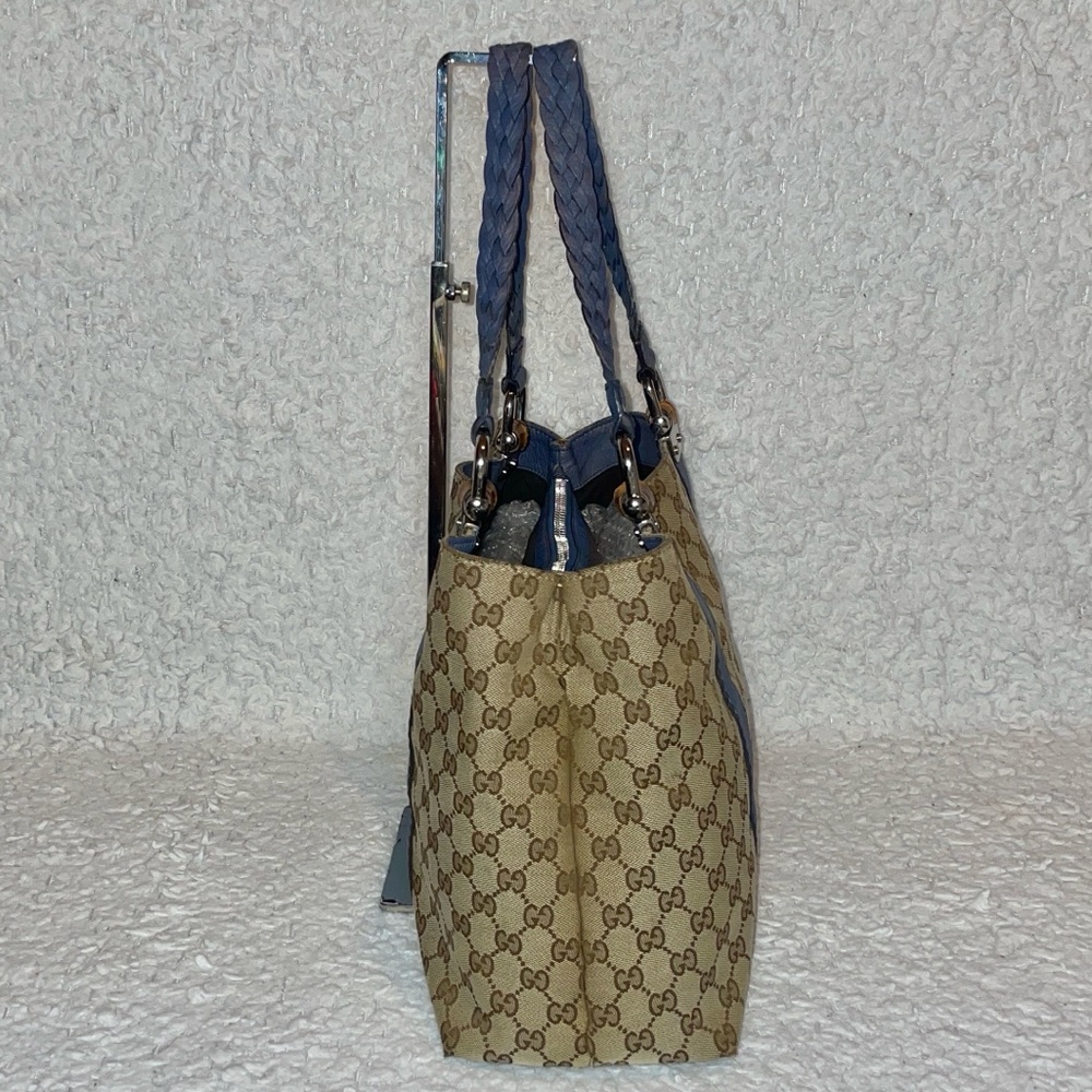 Gucci Guccissima Canvas & Sapphire Blue Leather Bamboo Large Shoulder Bag Tote - Picture 6 of 17